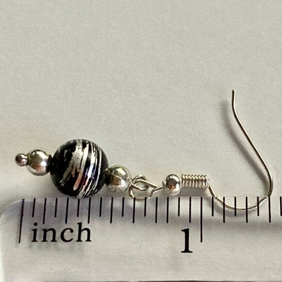 Murano Style Black Silver Art Glass Bead Earrings Plated Dainty Dangle Handmade - Picture 8 of 8